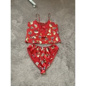 Vintage Sexy Red Satin 2-Piece Lingerie Set | Floral Print Cami Top Trim Panties